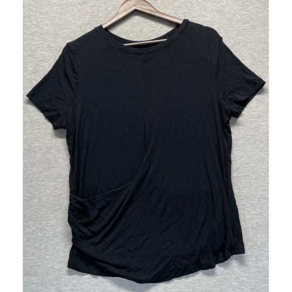Dip Ribbed Knit T Shirt Womens Large Black Rayon Round Neck Gathered Ruched Side